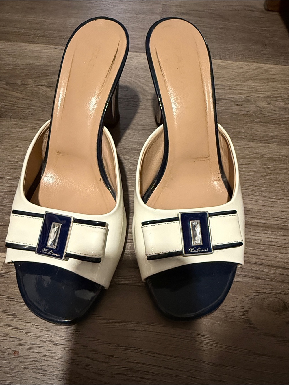 Sasha Fabiani Cream and Navy Open-Toe Mule Heels